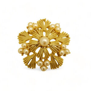 Vintage Brooch Gold Tone Faux Pearls Round Floral 3D Domed Open Work Textured